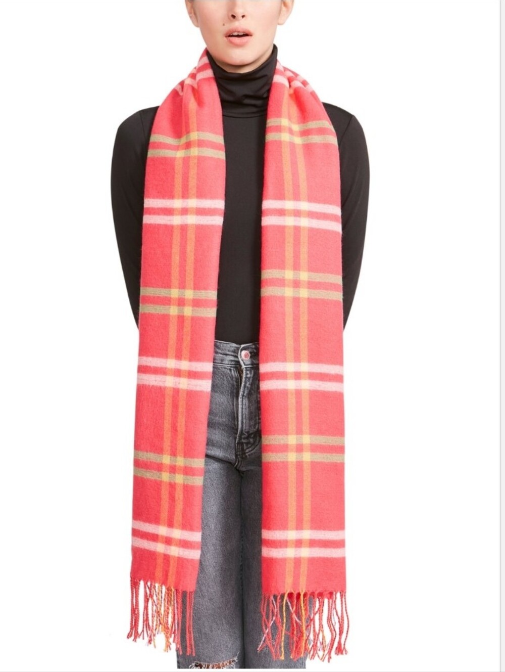 Steve Madden Womens Plaid Fringe Scarf - Coral Pink And Green NWT